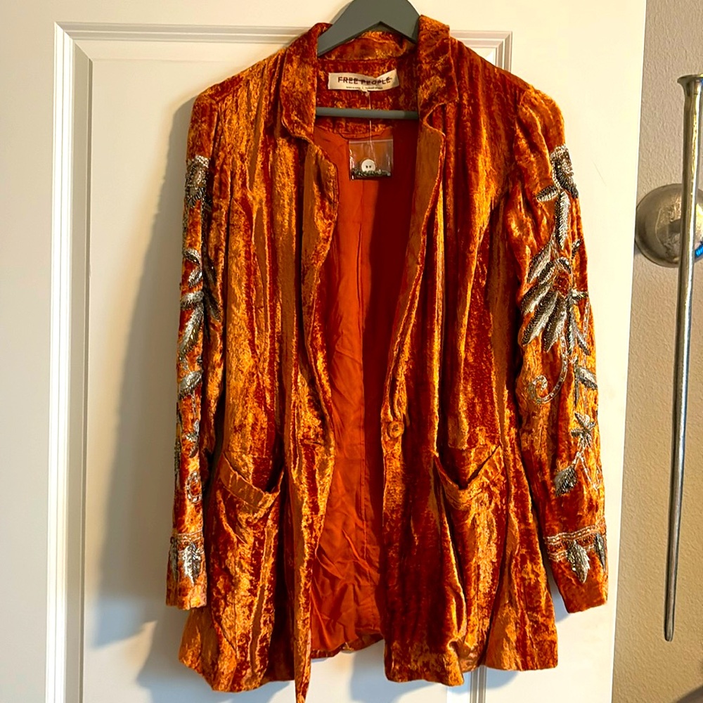 New FREE PEOPLE Jillian Blazer Orange Crushed Velvet